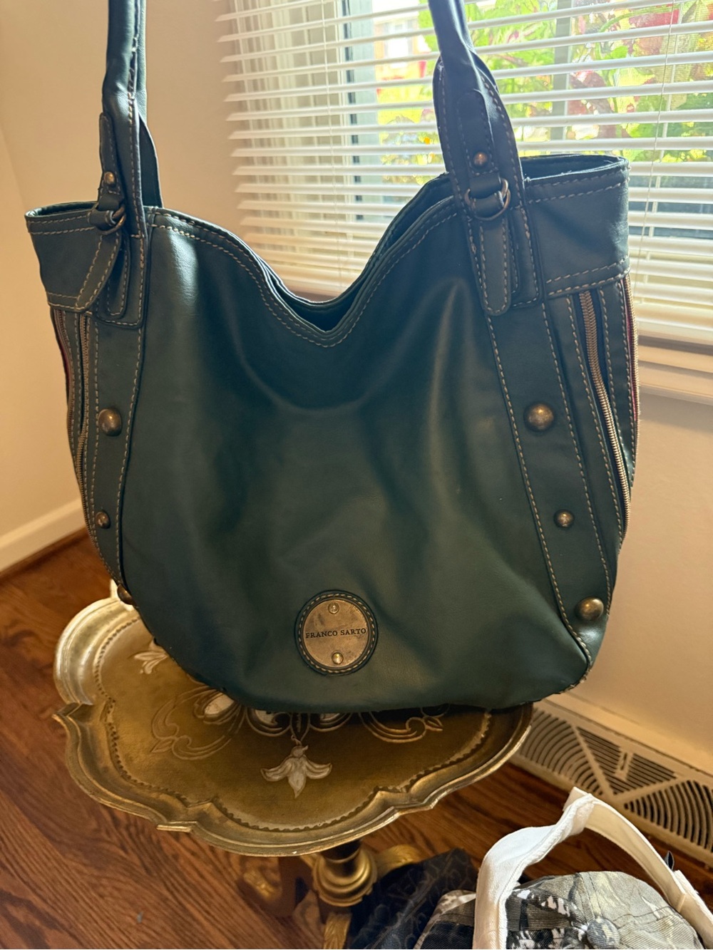 Franco Sarto Teal Leather Shoulder Bag with Contrast Stitching